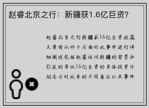 赵睿北京之行：新疆获1.6亿巨资？